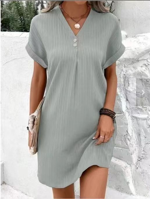 Cross border European and American women's clothing 2023 new Amazon V-neck solid color pullover comfortable casual button up dress white S