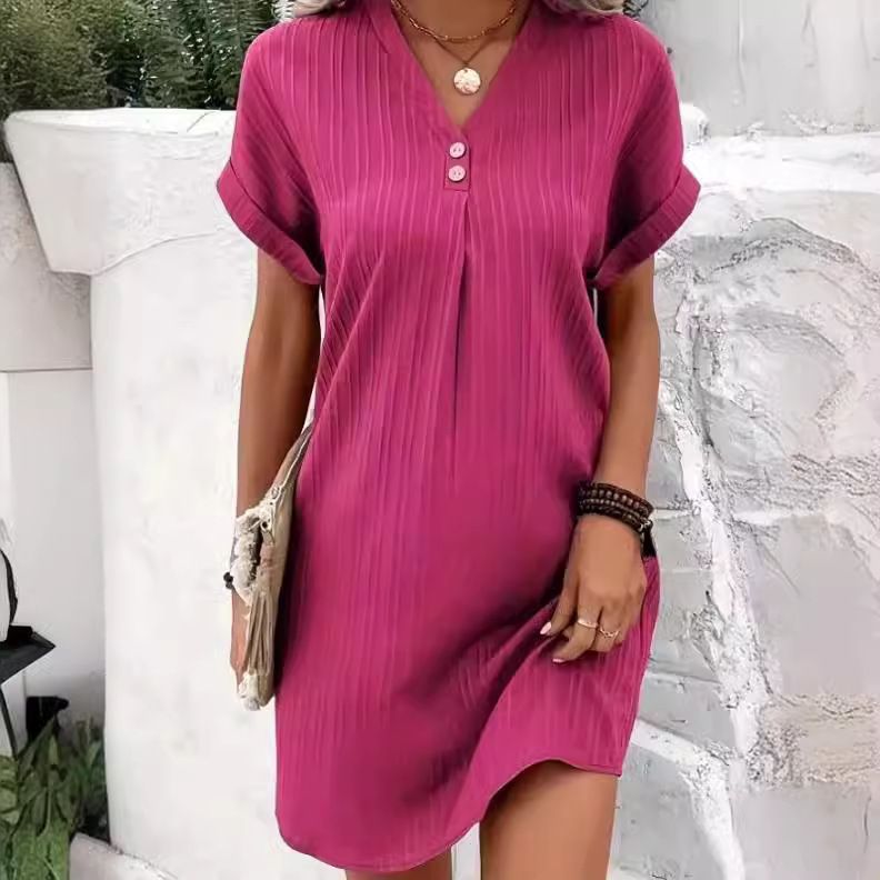 Cross border European and American women's clothing 2023 new Amazon V-neck solid color pullover comfortable casual button up dress white S