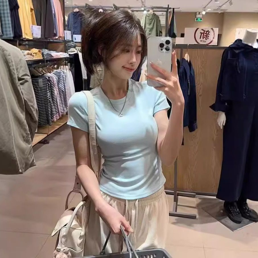 2025 Spring and Autumn New Foreign Trade White Short sleeved T-shirt Women's Bottom Shirt Korean Version Slim fit Hot Girl Interior Top Style_1 M