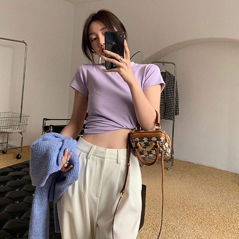 2025 Spring and Autumn New Foreign Trade White Short sleeved T-shirt Women's Bottom Shirt Korean Version Slim fit Hot Girl Interior Top Style_1 M