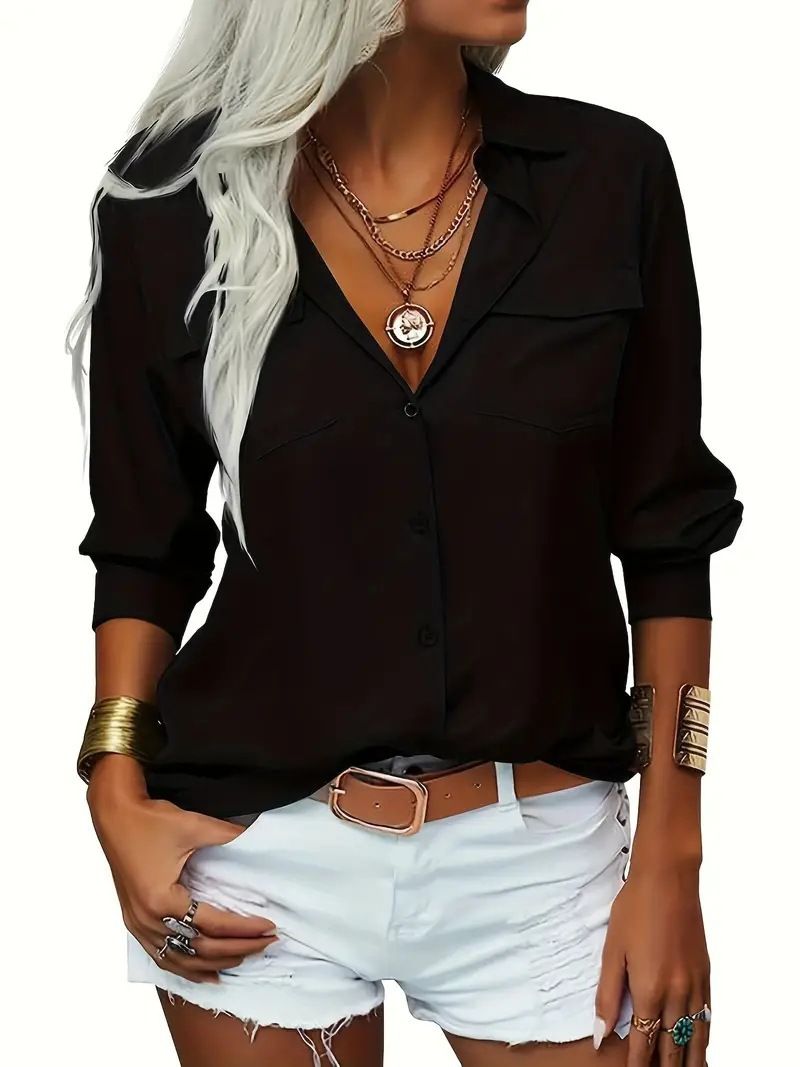 Amazon Europe and America Autumn/Winter New Women's Shirt Flip Collar Long Sleeve Shirt Women's Wear black S