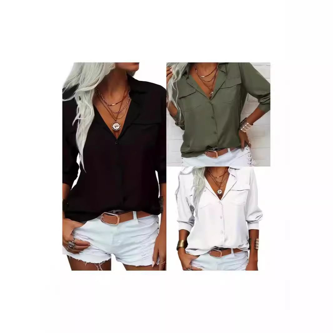 Amazon Europe and America Autumn/Winter New Women's Shirt Flip Collar Long Sleeve Shirt Women's Wear black S