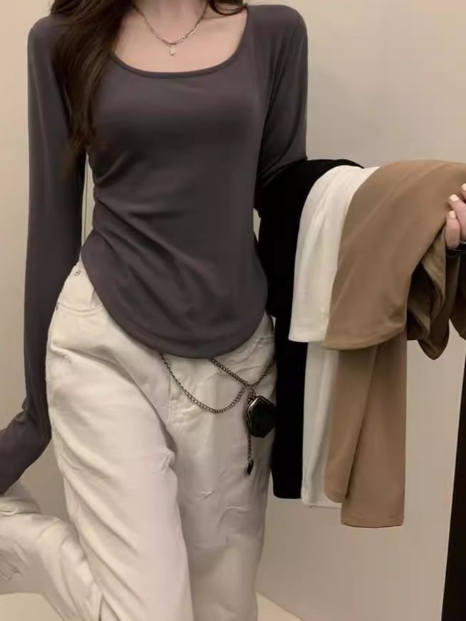 Long sleeved T-shirt women's autumn and winter new trend ins irregular slim fit student casual short top girl base shirt black S