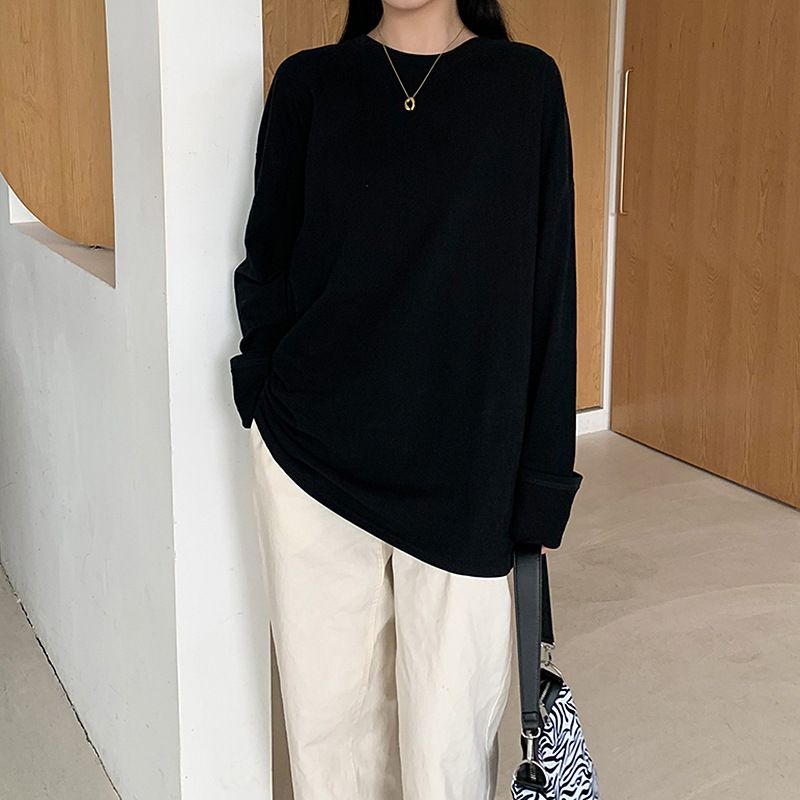 White long sleeved T-shirt for women in early spring, simple and loose, made of pure cotton as the base, layered for spring and autumn, with a solid color T-shirt as the inner layer black M