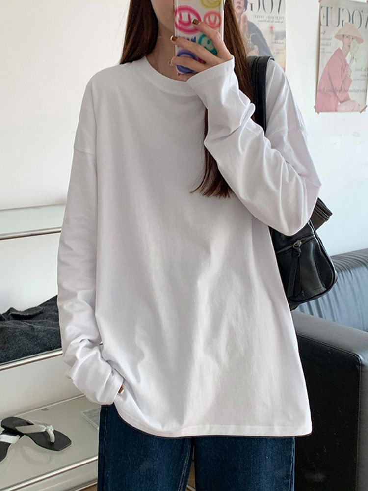White long sleeved T-shirt for women in early spring, simple and loose, made of pure cotton as the base, layered for spring and autumn, with a solid color T-shirt as the inner layer black M
