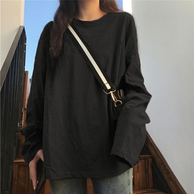 White base shirt for women in autumn 2025, new Korean style women's clothing, stylish interior, solid color, student long sleeved T-shirt, women's fashion black M