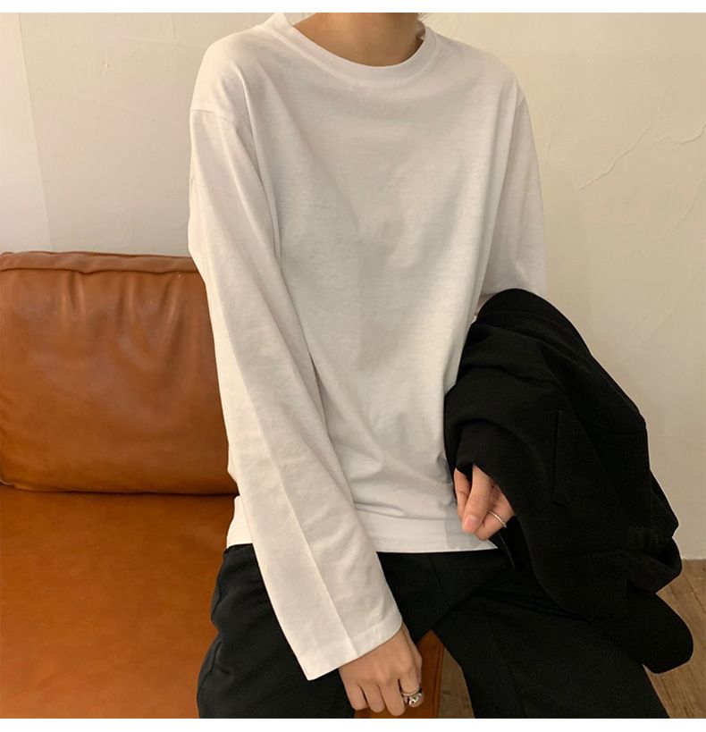 White base shirt for women in autumn 2025, new Korean style women's clothing, stylish interior, solid color, student long sleeved T-shirt, women's fashion black M