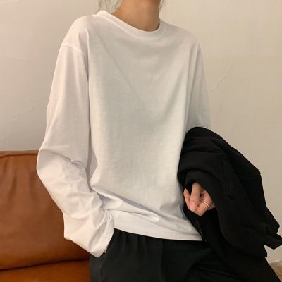 White base shirt for women in autumn 2025, new Korean style women's clothing, stylish interior, solid color, student long sleeved T-shirt, women's fashion black M