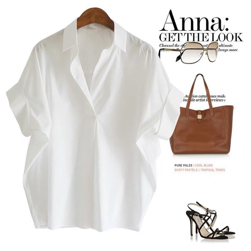 Retro Hong Kong style short sleeved shirt for women in summer 2025, stylish and versatile white shirt, loose batwing sleeve collar top black S Real Code Number