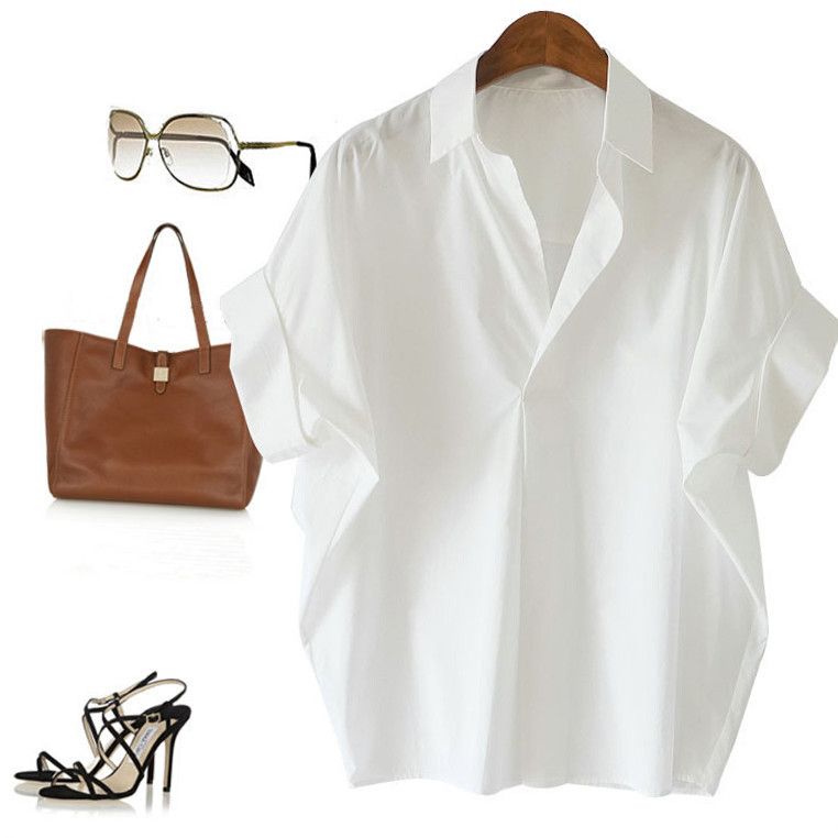 Retro Hong Kong style short sleeved shirt for women in summer 2025, stylish and versatile white shirt, loose batwing sleeve collar top black S Real Code Number