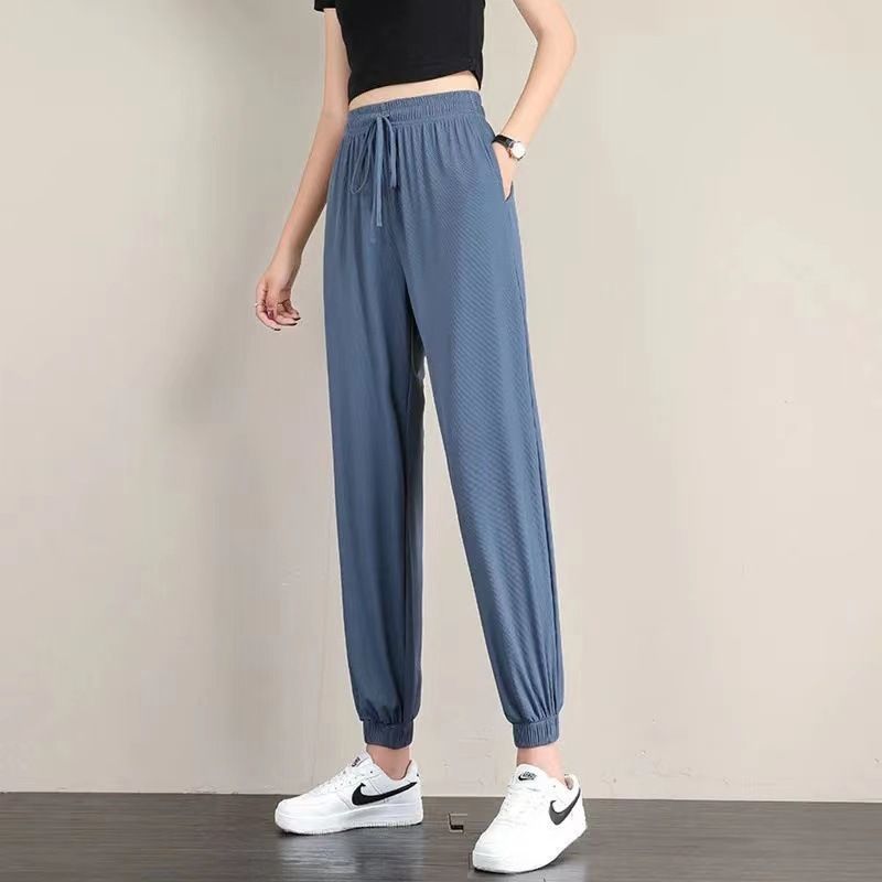 2*PC Ice silk sports pants for women, loose and ankle tied, summer thin casual sweatpants with a slimming effect, oversized wide leg lantern pants black S-75-90 pounds