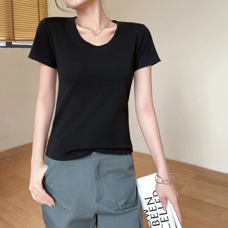 Classic pure cotton round neck shoulder short sleeved T-shirt for women, 2025 new style, suitable for spring and summer wear, slim fit base shirt black S (suitable for weight 70-95 pounds)