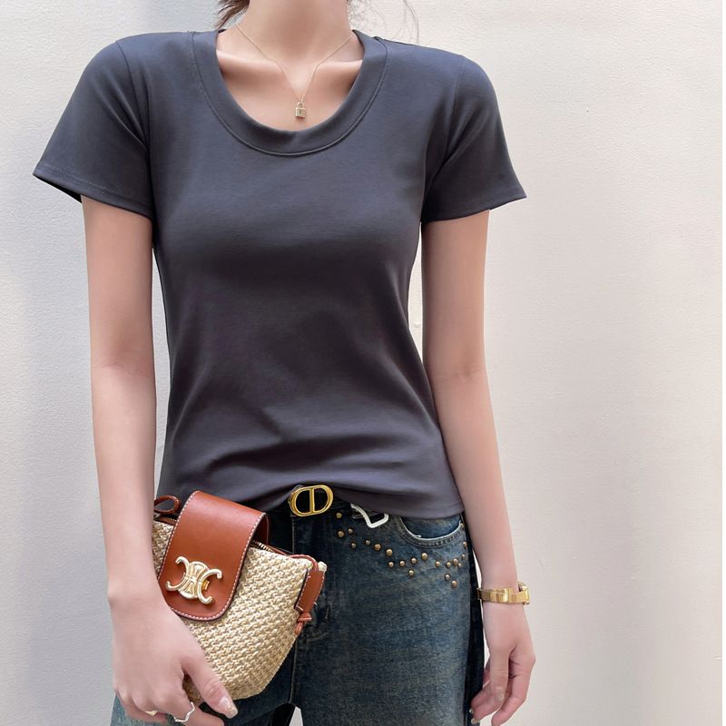Classic pure cotton round neck shoulder short sleeved T-shirt for women, 2025 new style, suitable for spring and summer wear, slim fit base shirt black S (suitable for weight 70-95 pounds)