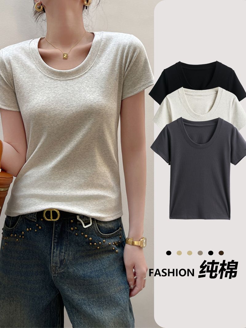 Classic pure cotton round neck shoulder short sleeved T-shirt for women, 2025 new style, suitable for spring and summer wear, slim fit base shirt black S (suitable for weight 70-95 pounds)