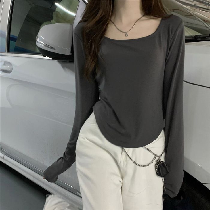 Long sleeved T-shirt women's autumn and winter new trend ins irregular slim fit student casual short top girl base shirt black M