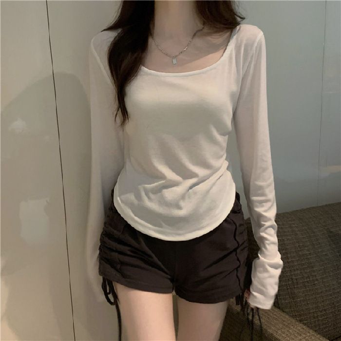 Long sleeved T-shirt women's autumn and winter new trend ins irregular slim fit student casual short top girl base shirt black M