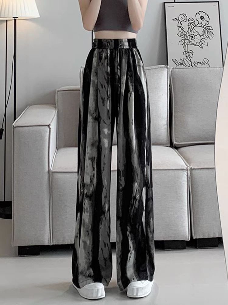 2*PC Printed ink wash Chinese style ice silk wide leg pants, second-generation Yamamoto pants for women, high waisted straight leg loose casual pants, walking pants for women Style_1 one size fits all
