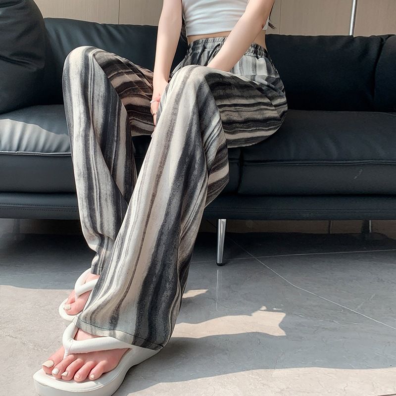 2*PC Printed ink wash Chinese style ice silk wide leg pants, second-generation Yamamoto pants for women, high waisted straight leg loose casual pants, walking pants for women Style_1 one size fits all