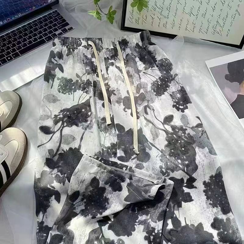 2*PC Printed ink wash Chinese style ice silk wide leg pants, second-generation Yamamoto pants for women, high waisted straight leg loose casual pants, walking pants for women Style_1 one size fits all