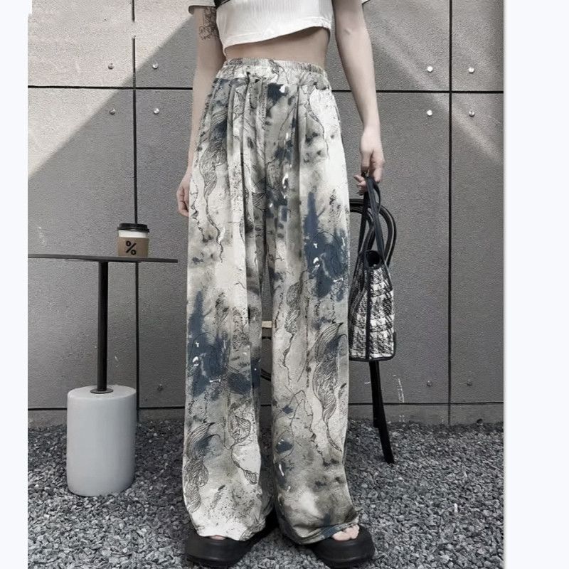 2*PC Printed ink wash Chinese style ice silk wide leg pants, second-generation Yamamoto pants for women, high waisted straight leg loose casual pants, walking pants for women Style_1 one size fits all