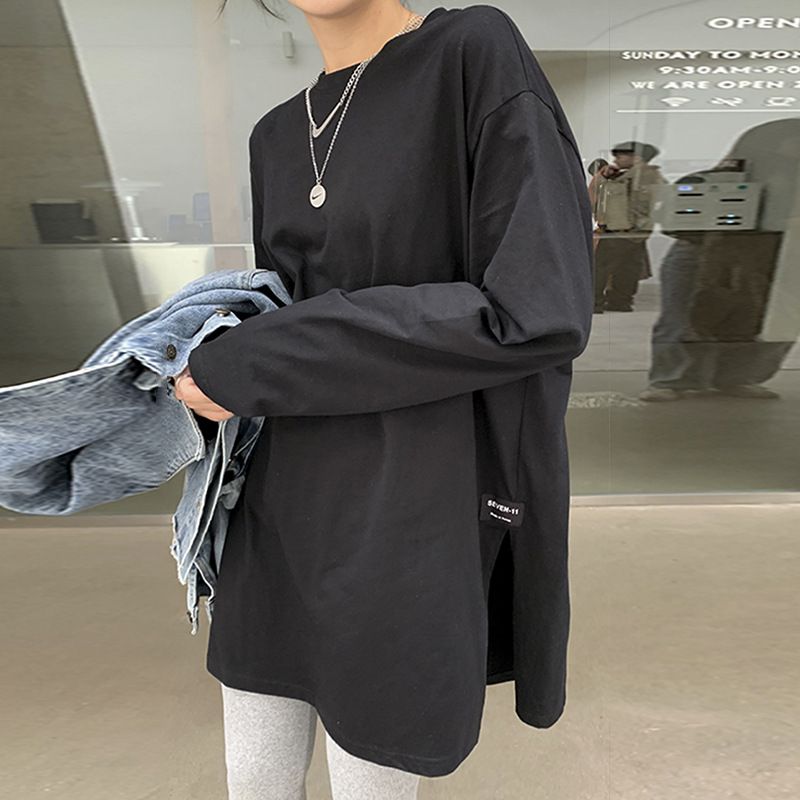2023 Autumn New Women's Clothing Korean Edition Color Split Long Sleeve T-shirt Women's Top Bottom Shirt Trendy Western Small Shirt black M