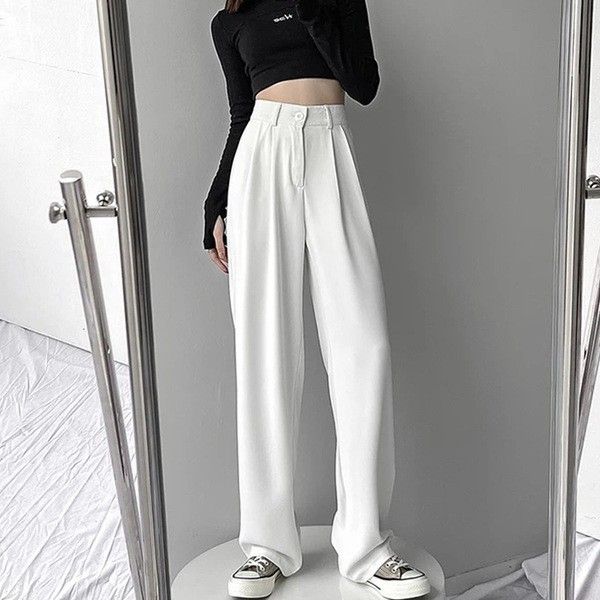 Black suit pants with elastic waist and slimming effect, casual pants for summer, loose and wide leg pants for women, high waisted and drooping pants, trendy white S
