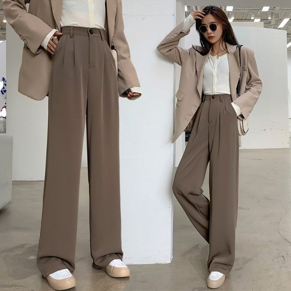 Black suit pants with elastic waist and slimming effect, casual pants for summer, loose and wide leg pants for women, high waisted and drooping pants, trendy white S