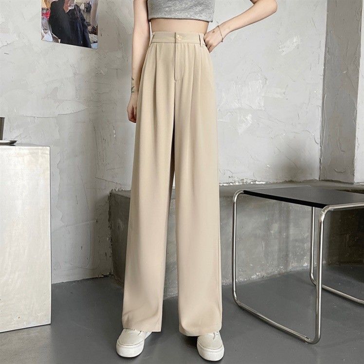 Black suit pants with elastic waist and slimming effect, casual pants for summer, loose and wide leg pants for women, high waisted and drooping pants, trendy white S