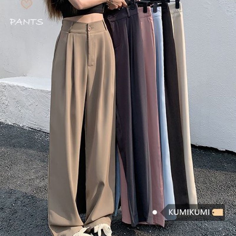 Black suit pants with elastic waist and slimming effect, casual pants for summer, loose and wide leg pants for women, high waisted and drooping pants, trendy white S