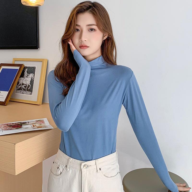 Half high neck facial mask shirt for women, with autumn and winter buffing bottoming shirt, slim and warm, wearing long sleeved T-shirt, versatile top blue One size fits all (80 to 140 pounds)