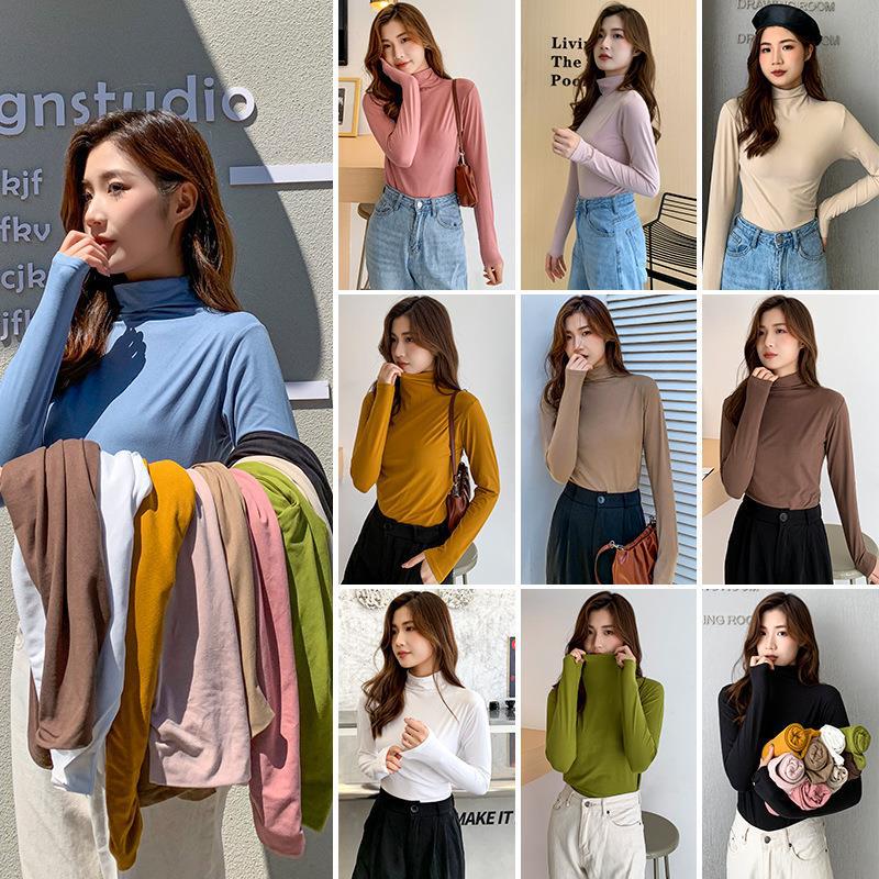 Half high neck facial mask shirt for women, with autumn and winter buffing bottoming shirt, slim and warm, wearing long sleeved T-shirt, versatile top blue One size fits all (80 to 140 pounds)