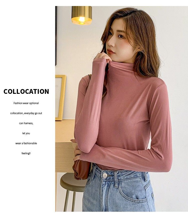 Half high neck facial mask shirt for women, with autumn and winter buffing bottoming shirt, slim and warm, wearing long sleeved T-shirt, versatile top blue One size fits all (80 to 140 pounds)