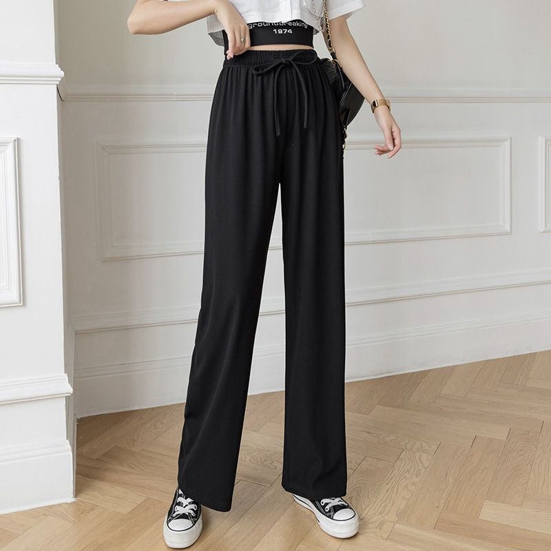 2025 New Ice Silk Wide Leg Pants for Women in Spring and Summer, High Waist, Drop Feeling, Loose Straight Leg Casual Pants, Show Thin, Versatile, Floor Pants black One size fits all (80-150 pounds)