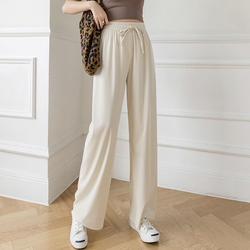 2025 New Ice Silk Wide Leg Pants for Women in Spring and Summer, High Waist, Drop Feeling, Loose Straight Leg Casual Pants, Show Thin, Versatile, Floor Pants black One size fits all (80-150 pounds)