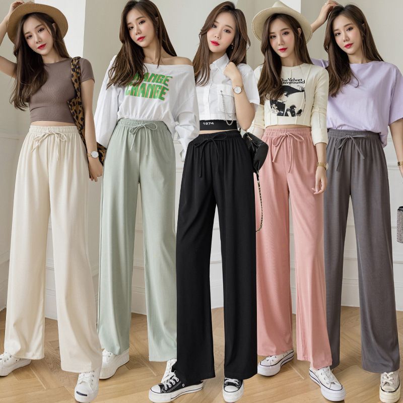 2025 New Ice Silk Wide Leg Pants for Women in Spring and Summer, High Waist, Drop Feeling, Loose Straight Leg Casual Pants, Show Thin, Versatile, Floor Pants black One size fits all (80-150 pounds)