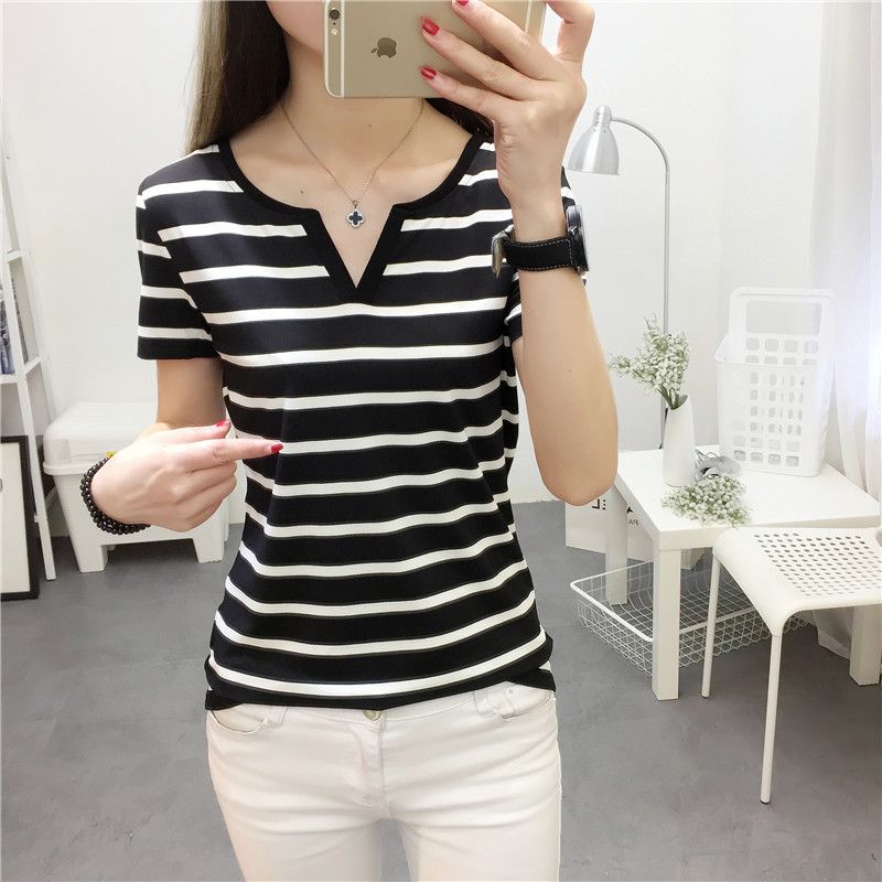 Cross border trendy plus size base shirt for women, trendy elastic top for women, summer 2023V collar short sleeved t-shirt for women, loose stripes black M