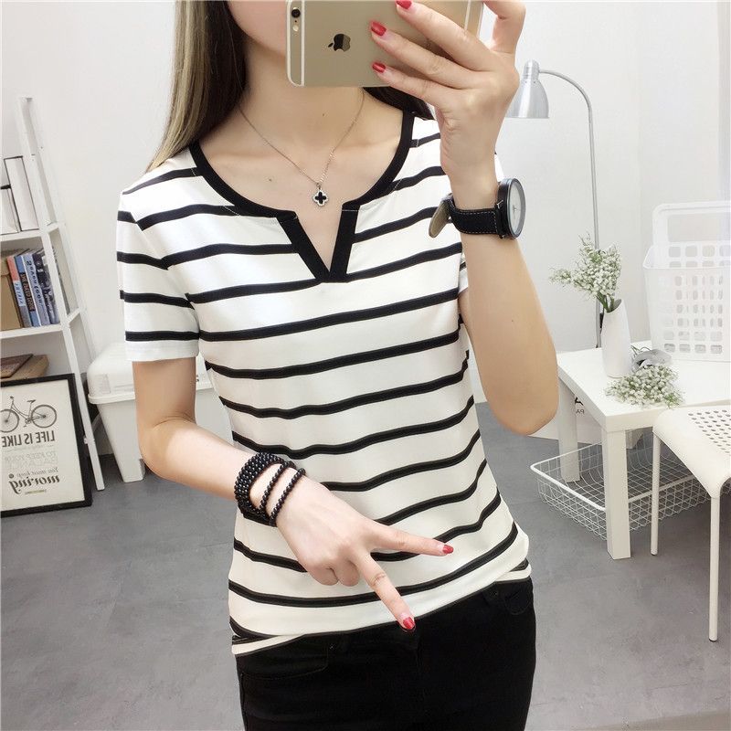 Cross border trendy plus size base shirt for women, trendy elastic top for women, summer 2023V collar short sleeved t-shirt for women, loose stripes black M