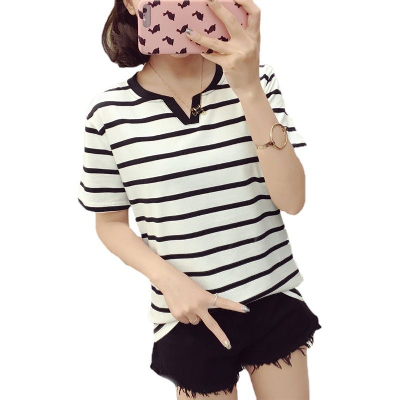 Cross border trendy plus size base shirt for women, trendy elastic top for women, summer 2023V collar short sleeved t-shirt for women, loose stripes black M