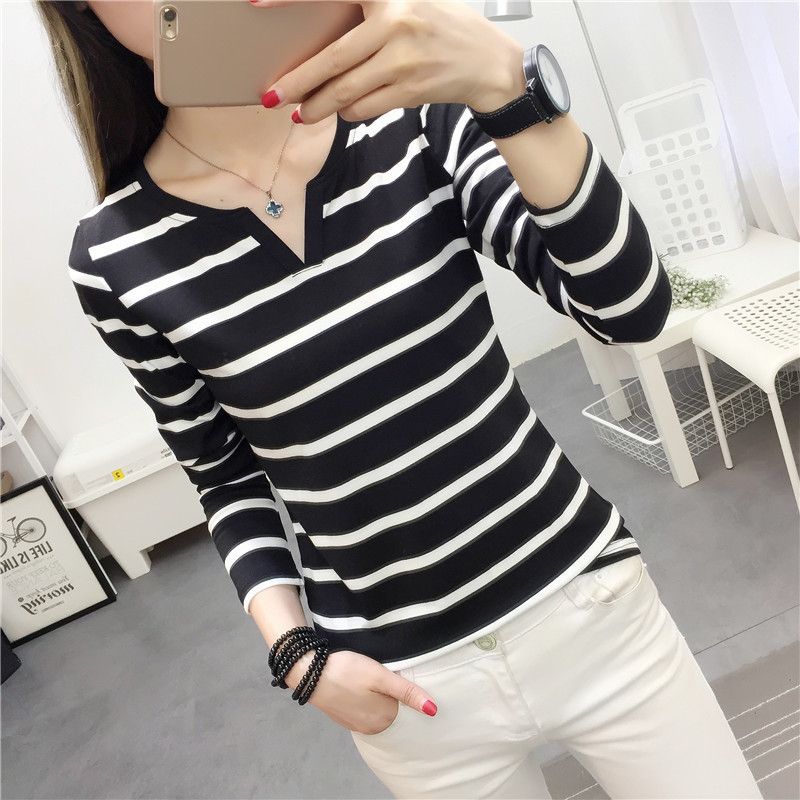Wholesale 2020 autumn new Korean style women's slim fit striped V-neck long sleeved T-shirt, women's base shirt, one piece hair replacement black M