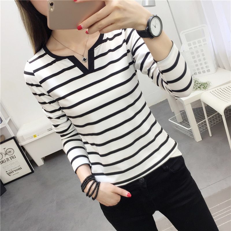 Wholesale 2020 autumn new Korean style women's slim fit striped V-neck long sleeved T-shirt, women's base shirt, one piece hair replacement black M