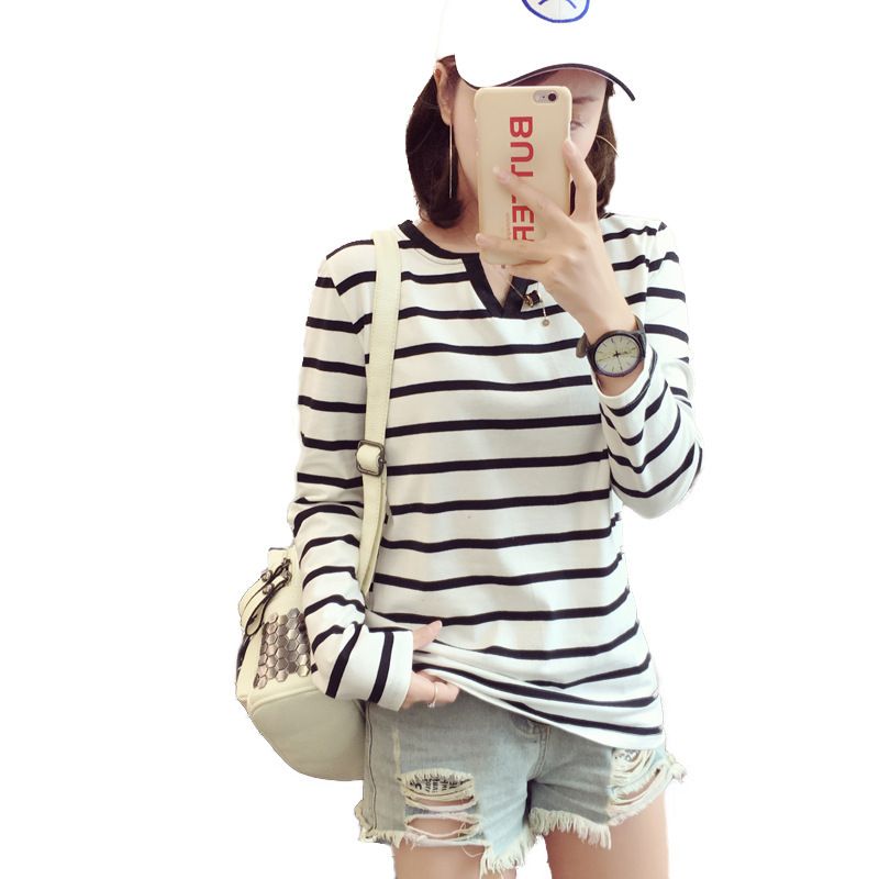 Wholesale 2020 autumn new Korean style women's slim fit striped V-neck long sleeved T-shirt, women's base shirt, one piece hair replacement black M