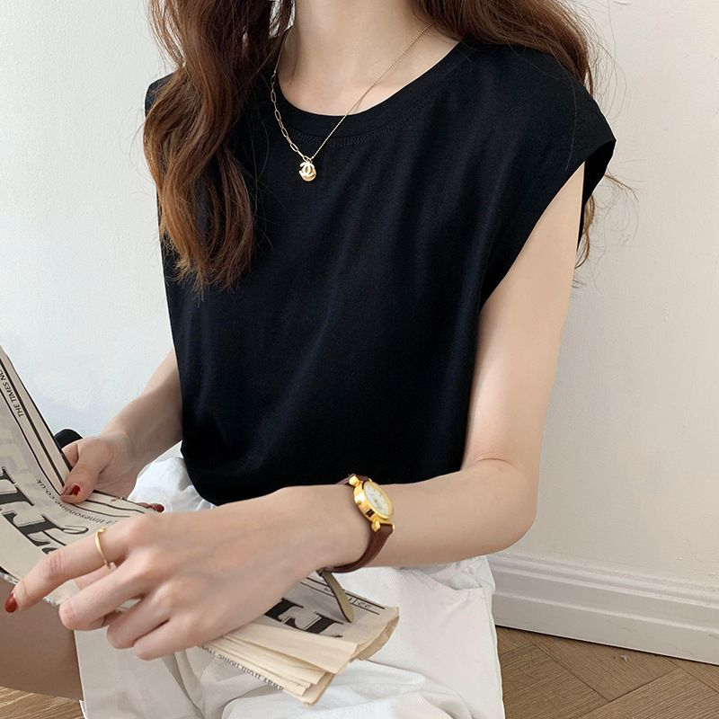White sleeveless T-shirt for women, loose fit, 2025 summer new style, fashionable black vest, T-shirt, top, worn outside ins black M