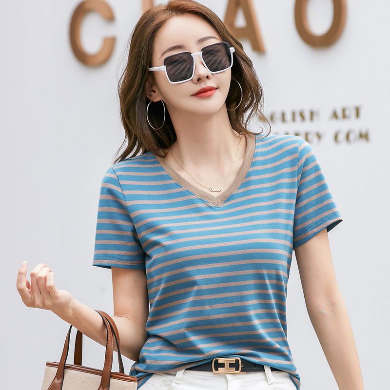 398 striped contrasting V-neck retro artistic short sleeved t-shirt women's western-style top summer outfit new internet celebrity base shirt blue bar S