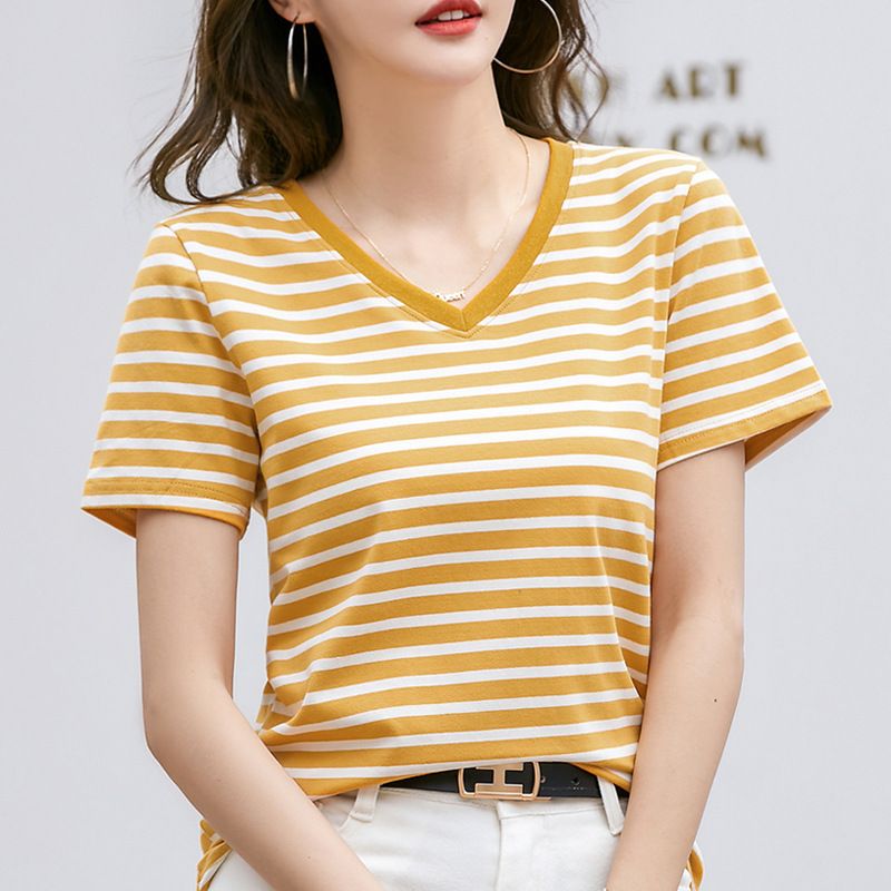 398 striped contrasting V-neck retro artistic short sleeved t-shirt women's western-style top summer outfit new internet celebrity base shirt blue bar S