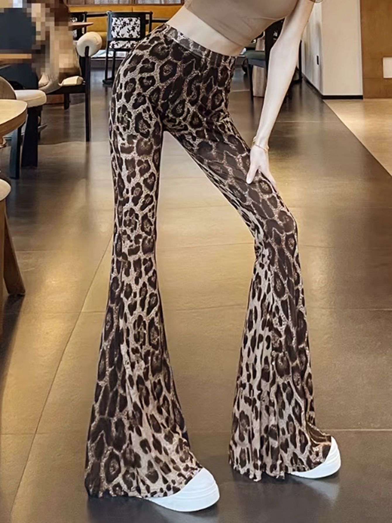 3*PC New hot selling cross-border mesh see through trumpet pants from Europe and America, summer fashion, sexy, high waisted, breathable and casual pants Style_1 S