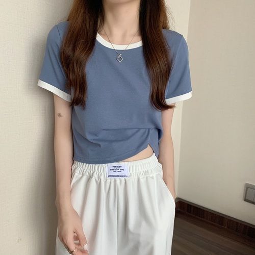 2022 new summer base shirt Korean version slim fit short student top trendy contrasting color round neck short sleeved t-shirt for women blue M