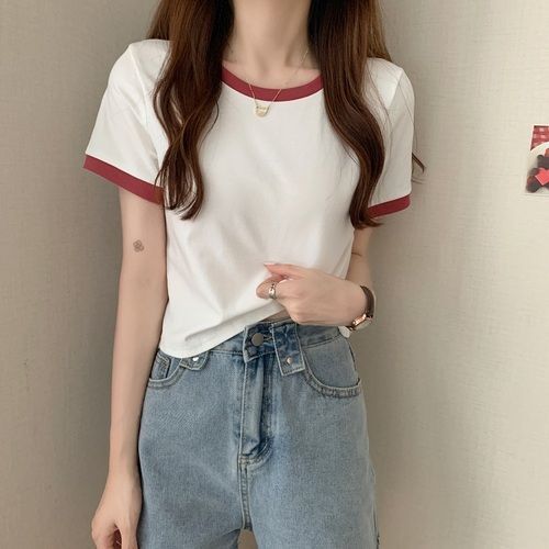 2022 new summer base shirt Korean version slim fit short student top trendy contrasting color round neck short sleeved t-shirt for women blue M
