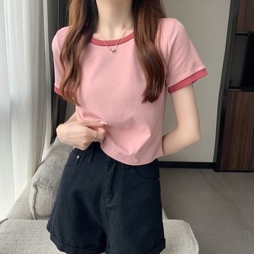 2022 new summer base shirt Korean version slim fit short student top trendy contrasting color round neck short sleeved t-shirt for women blue M