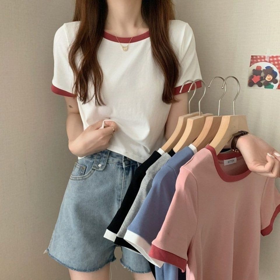 2022 new summer base shirt Korean version slim fit short student top trendy contrasting color round neck short sleeved t-shirt for women blue M