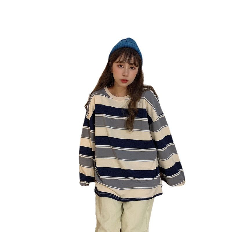 Internet celebrity t-shirt women's ins super hot striped long sleeved top 2020 autumn new Korean version loose student base shirt Orange Blue M